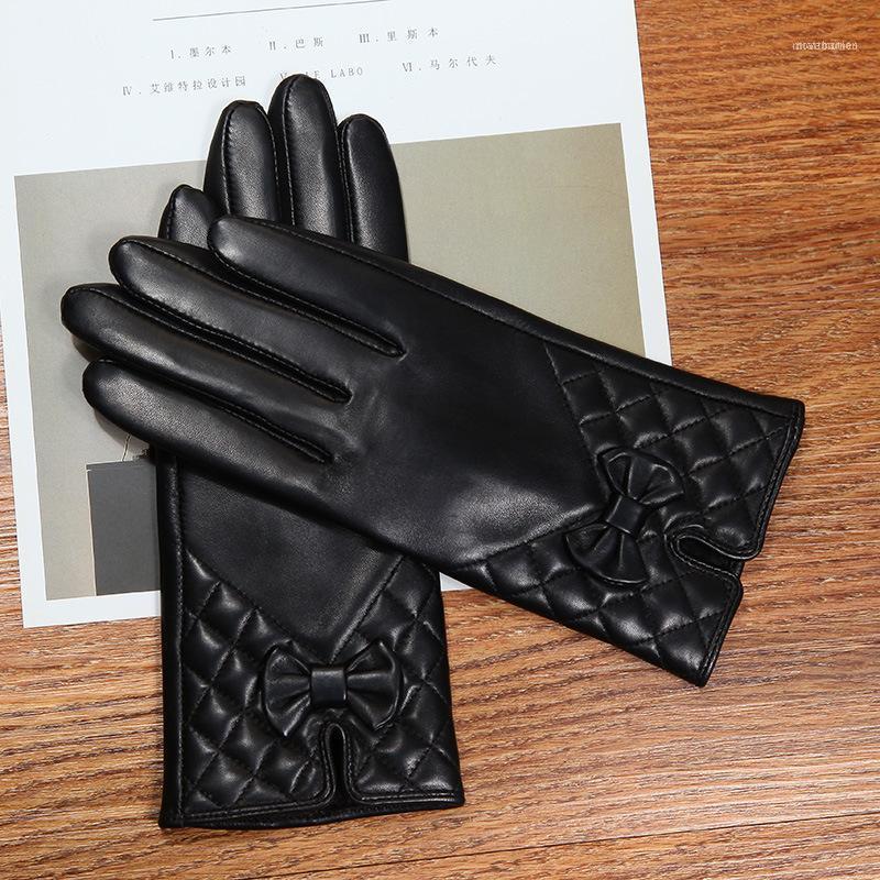 

Latest 2021 Lambskin Butterfly Knot Real Leather Gloves Female Winter Plus Velvet Thicken Black Woman's Sheepskin L61231
