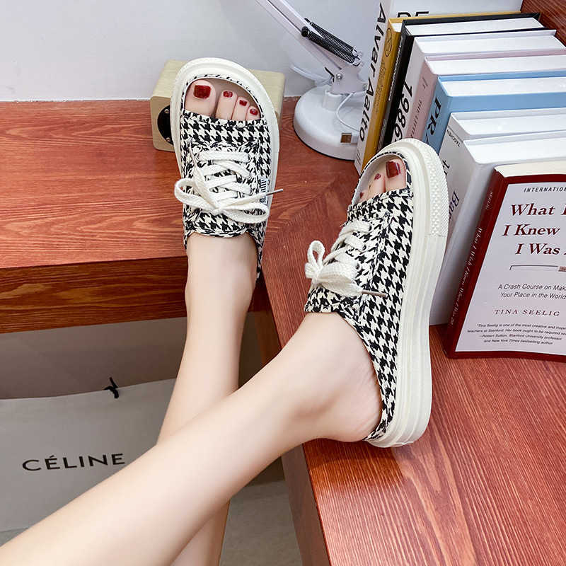 

2021 New Canvas Breathable Fish Mouth Student One-line Flat Slippers Female Outdoor Casual Shoes Y0721, Houndstooth