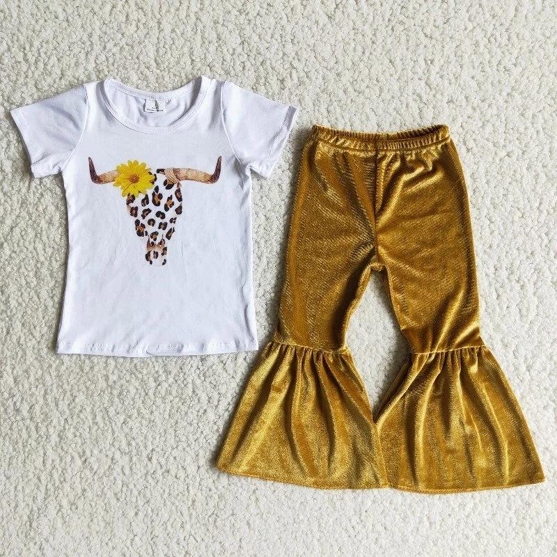 

Clothing Sets Wholesale Children Boutique Baby Girl Clothes Set White Sleeve Flower Leopard Cow Bull Shirt Yellow Velvet Bells Pants Outfit, As picture