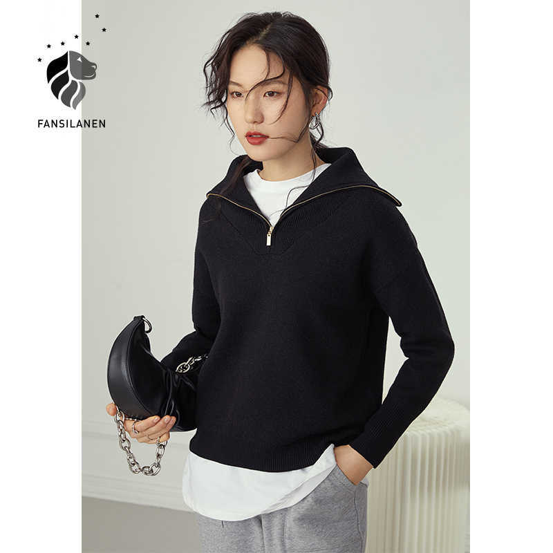 

FANSILANEN Zipper black turtleneck knitted sweater Women casual streetwear oversize pullover Female vitnage autumn winter jumper 210607
