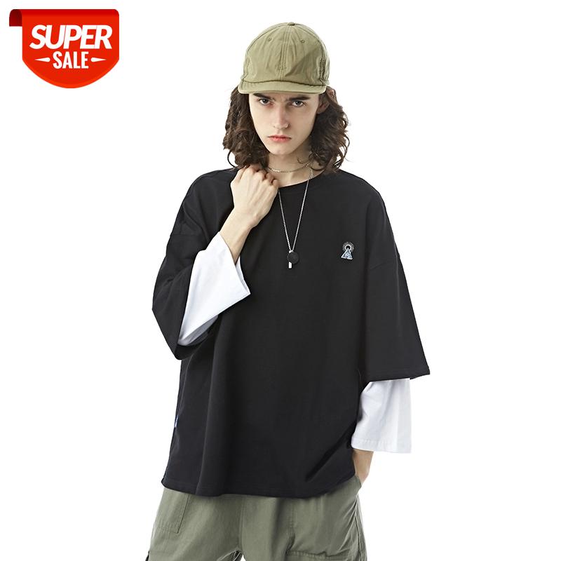 

New High-End Fabrics Japan Harajuku Style Fake-Two-Piece Patchwork Men's Three Quqrter T-Shirts Fashionable Casual Male Tee Top #Eg5E, White;black