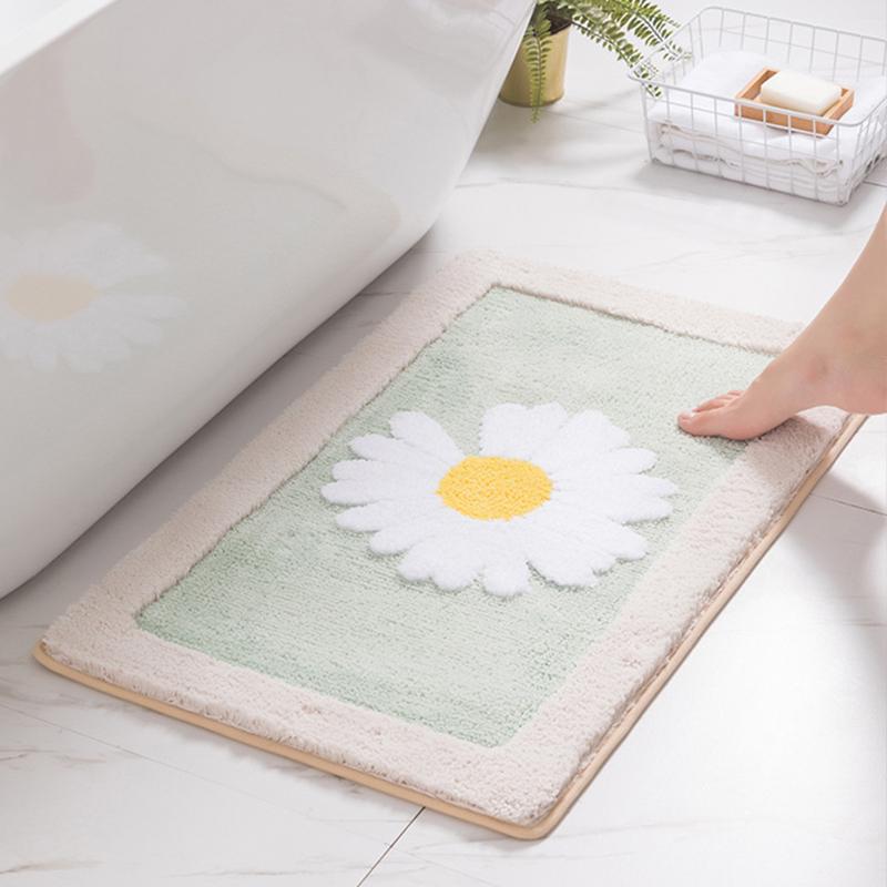 

Carpets Bath Mat Bathroom Non-Slip Rug Living Room Carpet Daisy Floral Kitchen Absorbent Microfiber Door For Floor Toilet Household, Green white