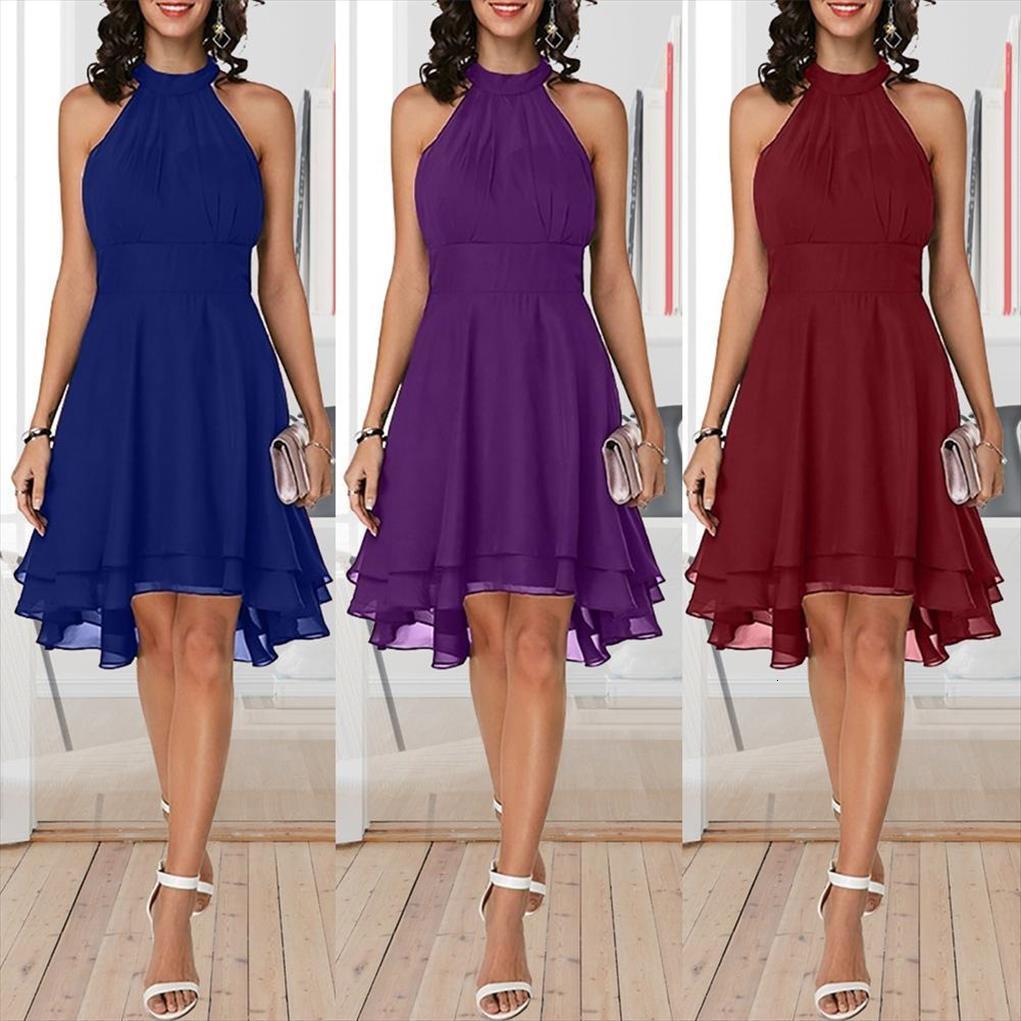 

plus size sleeveless womens dresses high waist irregular hem chiffon halter dress evening party beach holiday wear sundress, Black;gray