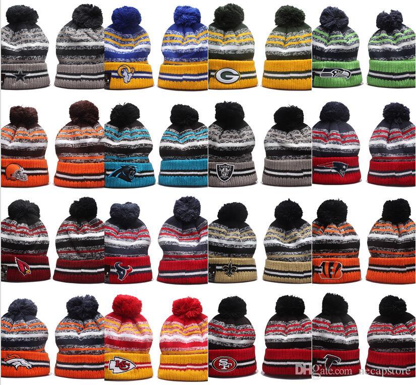 

Top Selling 2021 ALL team football beanies Sideline Cold Weather Reverse Sport Cuffed Knit Hat with Pom Winer Skull Caps