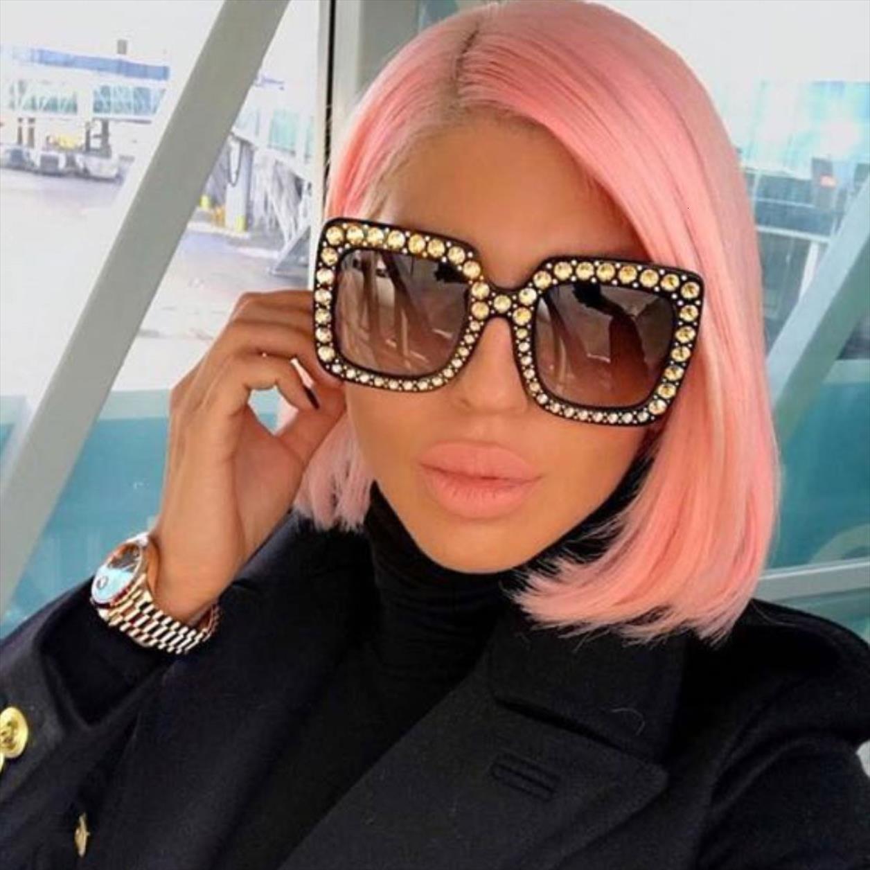 

45321 Crystal Rim Women Sunglasses Glitter Square Ladies Retro Brand Desginer Fashion Female Shades