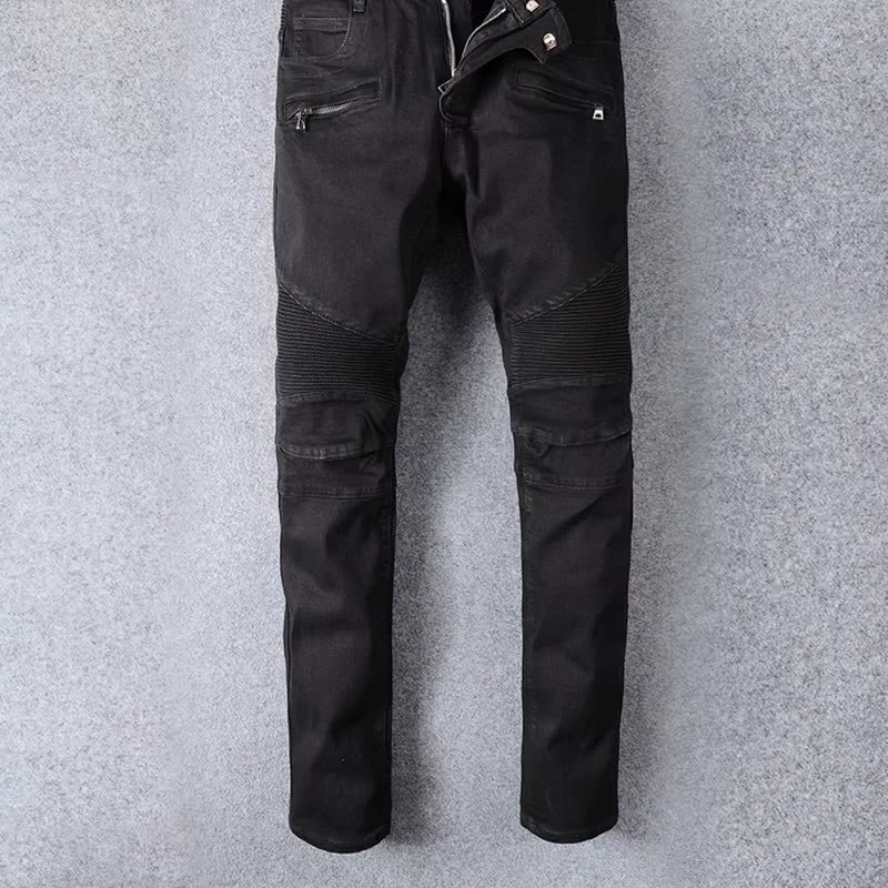 

High Street Trendy Jeans Trendy Young Men's Black Stretch Slim Pants Knee Folded Motorcycle Pants, Blue