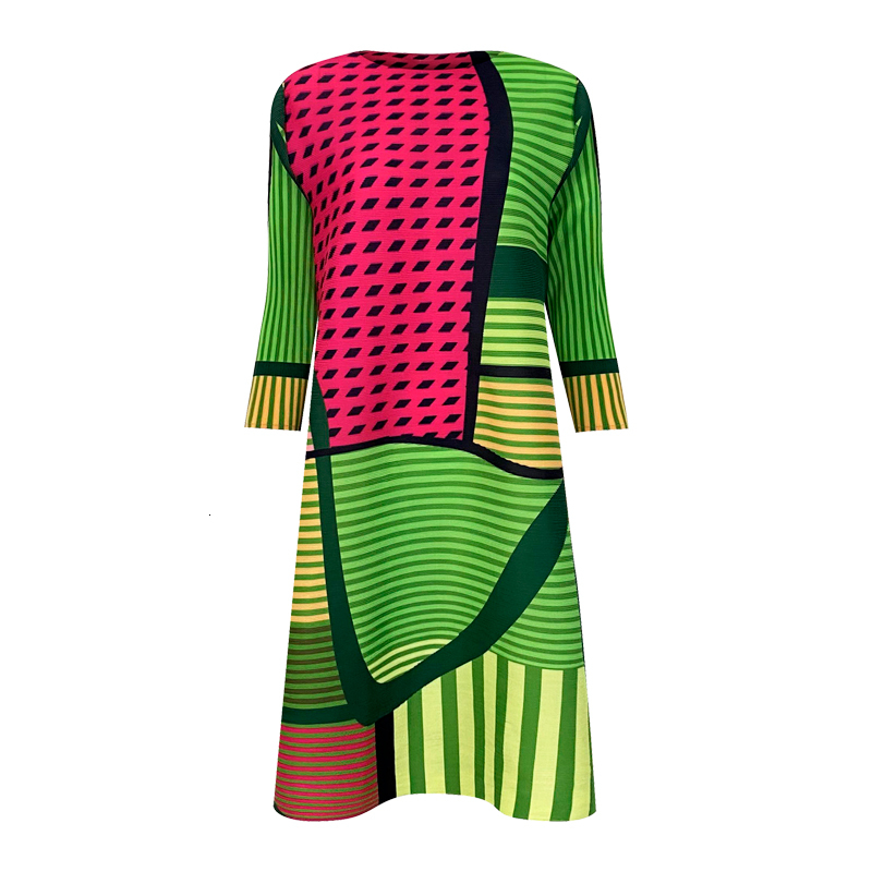 

2021 New Pleated Plaid Women Clothes Es Summer Geometric Figure Plus Size Elegant Vintage Korean Long Sleeve Ktht, Photo color3