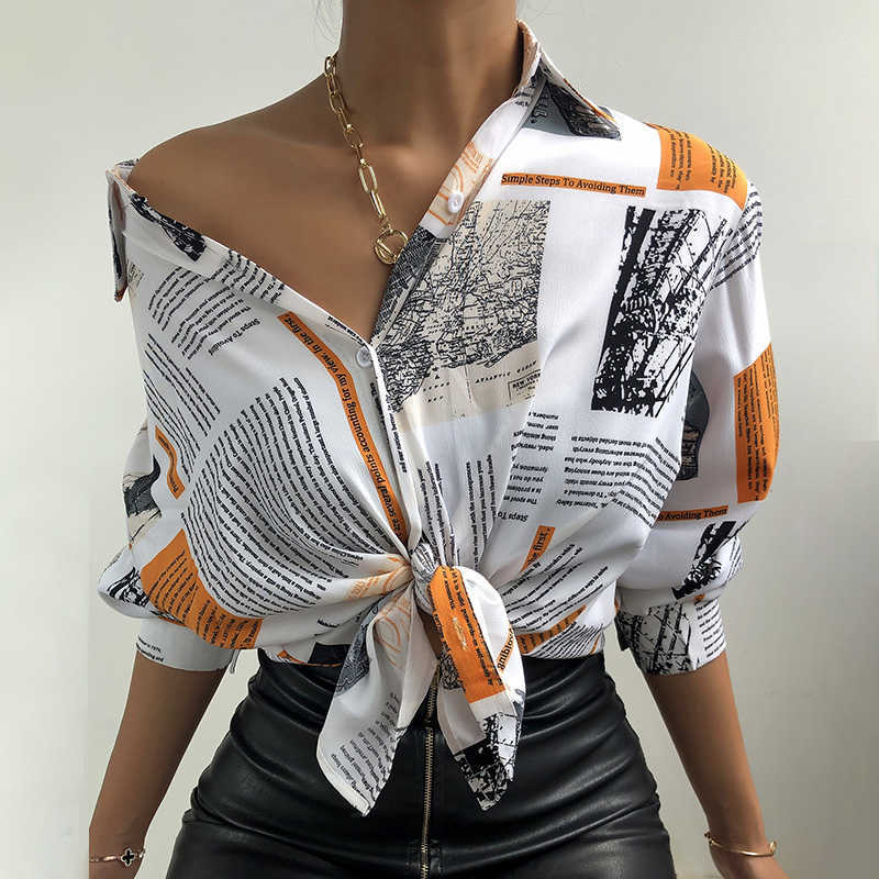 

2021 Spring Women Turn Down Collar Newspaper Print Long Lantern Sleeve Button White Retro Casual Shirt Formal Office Wear Blouse Q0911
