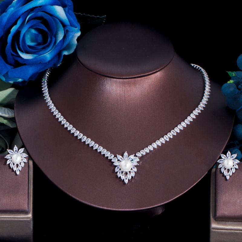 

Earrings & Necklace ThreeGraces Elegant Shiny Cubic Zirconia Silver Color Simulated Pearl Stud Wedding Jewelry Set For Women TZ653