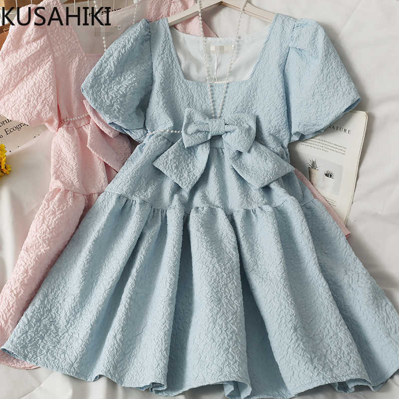 

KUSAHIKI Sweet Bowknot Square Collar Dress Summer Puff Sleeve Woman Dresses Korean High Waist A-line Vestidos Femme 6J476 210602, Blue
