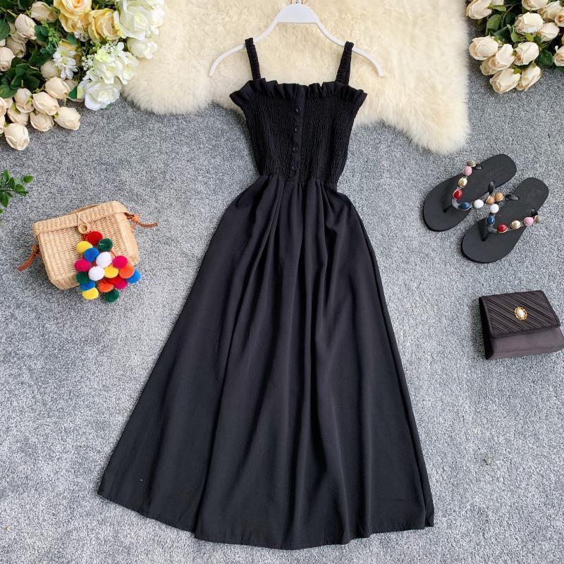 

Casual Dresses Chic Korean Solid Women Dress Sleeveless 2021 Summer A-line Chiffon Long Beach Style Button Vestidos 117461, Black