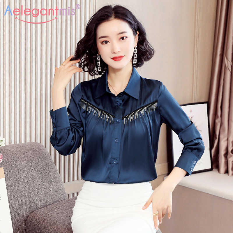 

Aelegantmis Black White Office Lady Chiffon Blouse Loose Turn-down Collar Women Blouses Female Tassel Casual Shirts Tops Spring 210607, Green