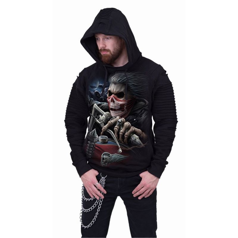 

Motorcycle skull pattern 3D printing hoodie visual impact party top punk goth round neck high-quality American sweater hoodie, Black