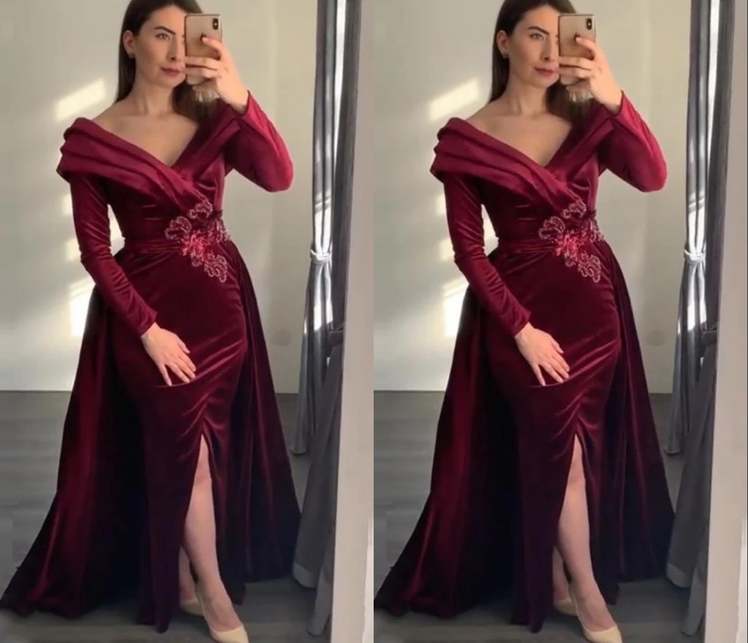 

Vintage Wine Red V neck off the Shoulder Prom Evening Dresses Velvet with Train Sheath Long Sleeves Beaded Sequins Lace Ruched Party Cocktail Pageant Dresess, Silver
