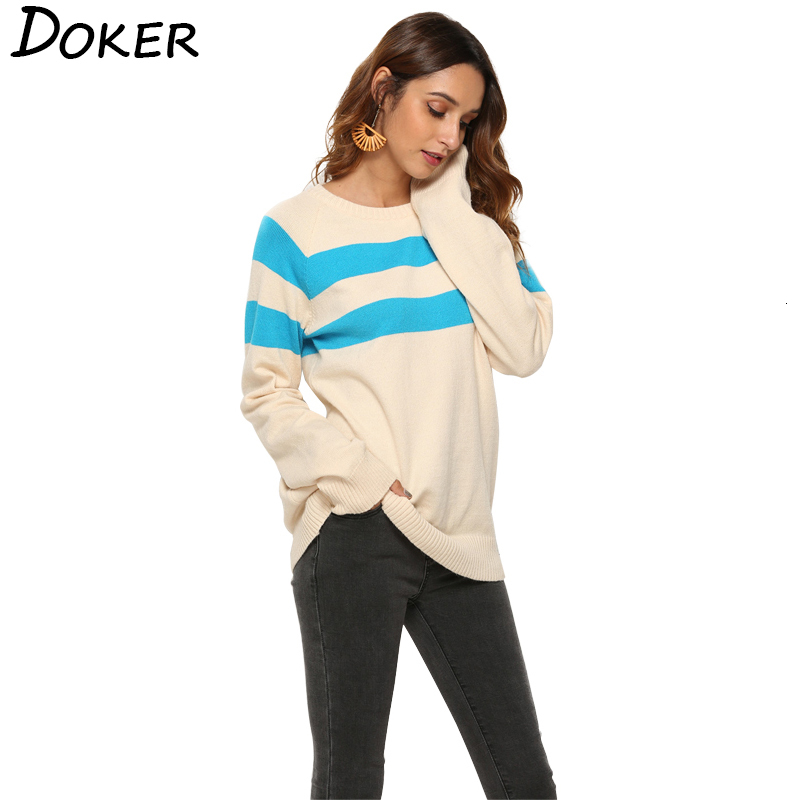 

2021 New Autumn Fashion Striped Pullover Women O-neck Long Sleeve Knitted Sweater Female Streetwear Tops High Quality Bx43, Sky blue