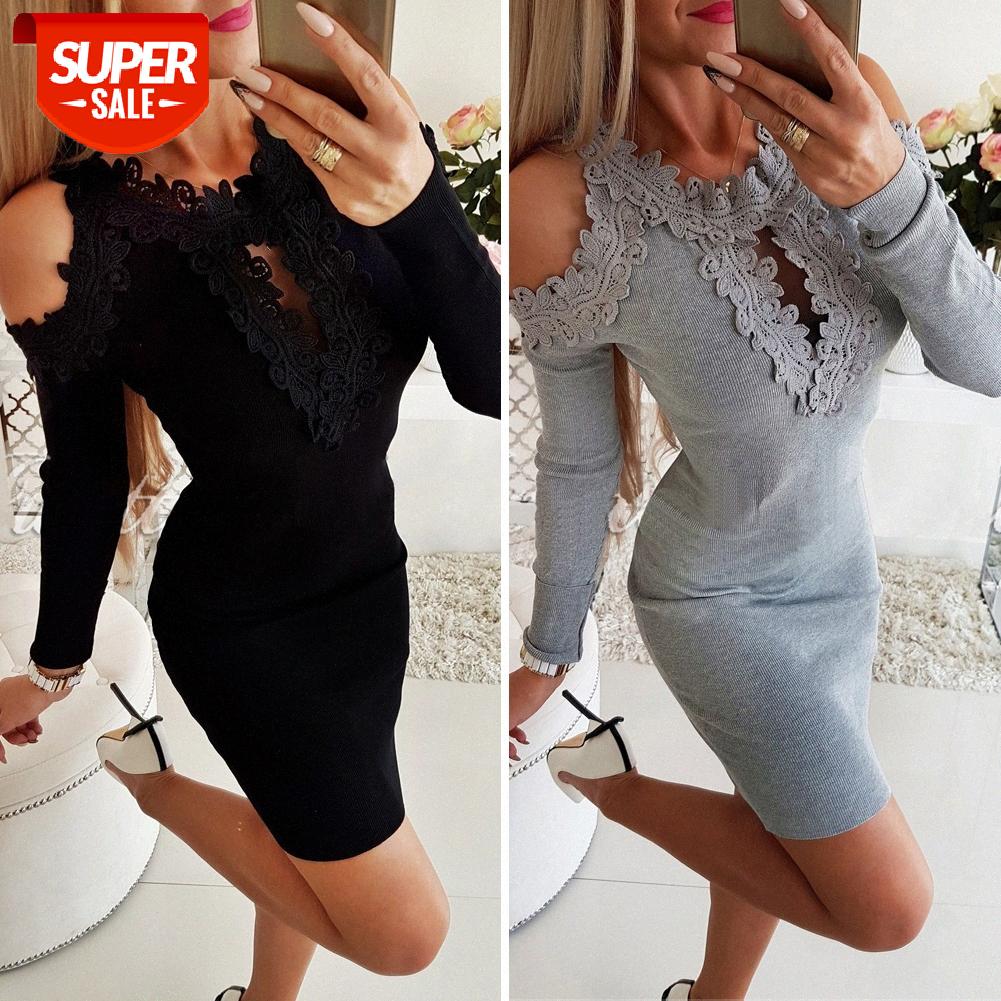 

Sexy Womens Casual Lace Shoulder Long sleeve Ladies Bodycon Party Mini Dress #6N12, Black;gray