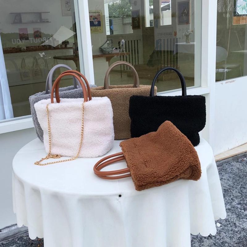 

Women's Bag Small Top Handle Handbags Faux Fur Lamb Wool Female Briefcase Bag Korean Style Ladies Shoulder Whole Sale, Beige