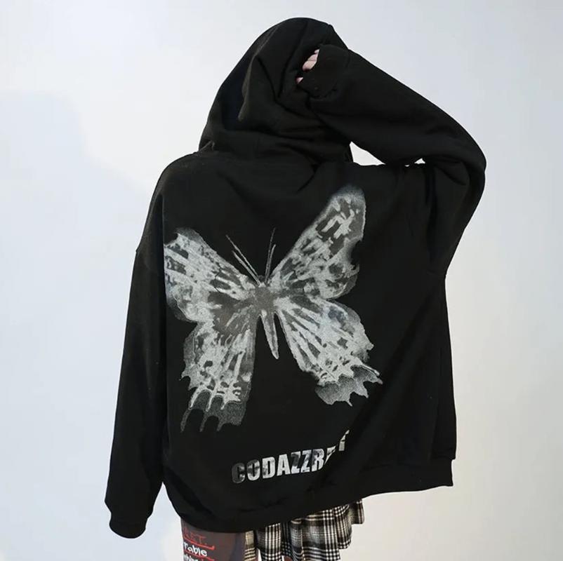 

Men's Hoodies & Sweatshirts Autumn Men Dark Wind Butterfly Punk Hip Hop Oversized Women Coat Hooded Jacket Black Zipper Sweatshirt Overcoat
