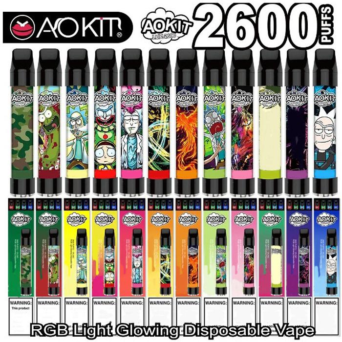 

100% Original AOKIT lux disposable pod device 2600puffs with rgb light vape pen system 1350mah battery 8.5ml Prefilled Portable Vape Stick