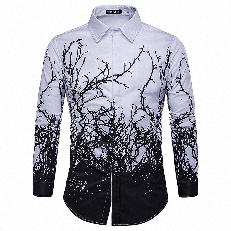 Men's Shirt Tree Collar Street Daily Button-Down Print Long Sleeve Tops Cotton Casual Fashion Breathable Comfortable White / Fall / Winter 79GY