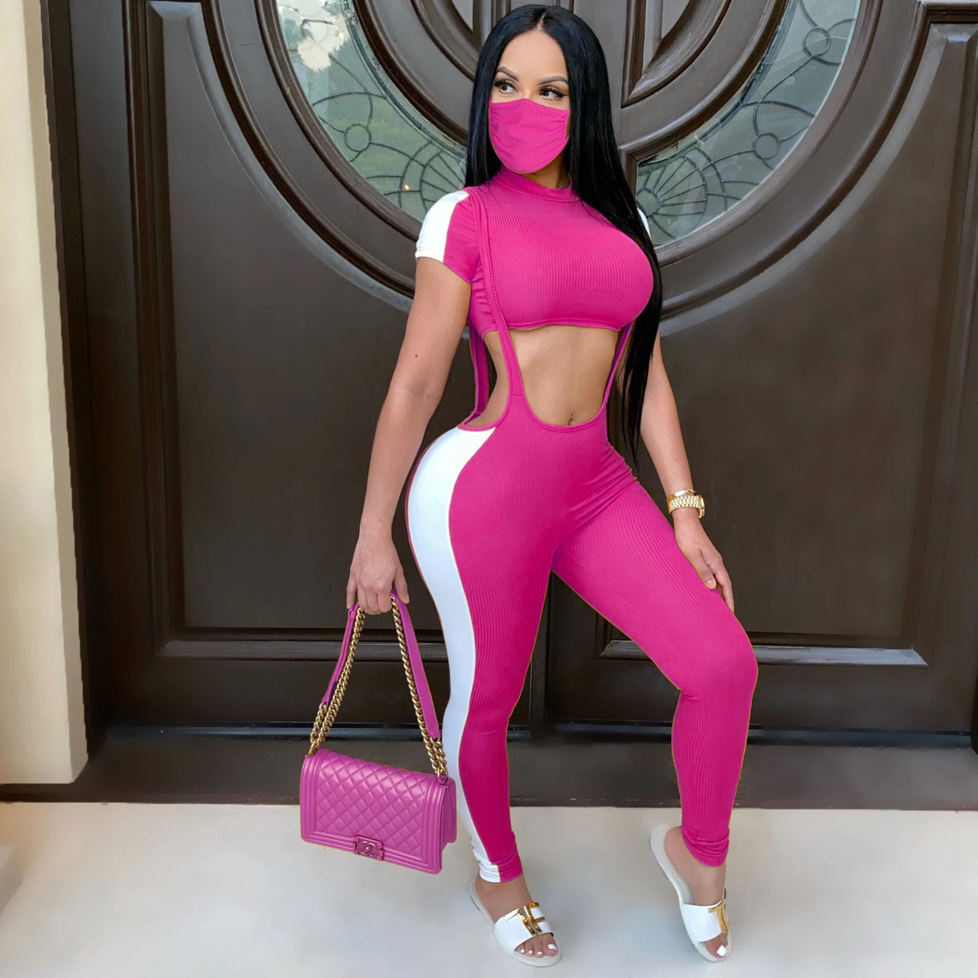 

Women's Sportswear Set Tracksuits Runwear Jumpsuit Active Wear Fitness Stretch Pants+Tank Tops+face mask Ladies Clothes, Customize