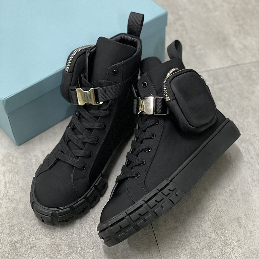 

luxurys Mens Designer triangle Nylon high top Sneakers With Bags Womens combat Trainers White Black Lace-up Flat Shoes with box 260