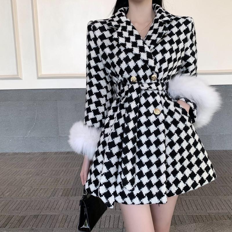

Women's Jackets Office Lady Tweed Thick Double-Breasted Jacket Long Sleeve Outerwear Female Turn-Down Collar Plaid Elegant Coats With Belt, Black;brown