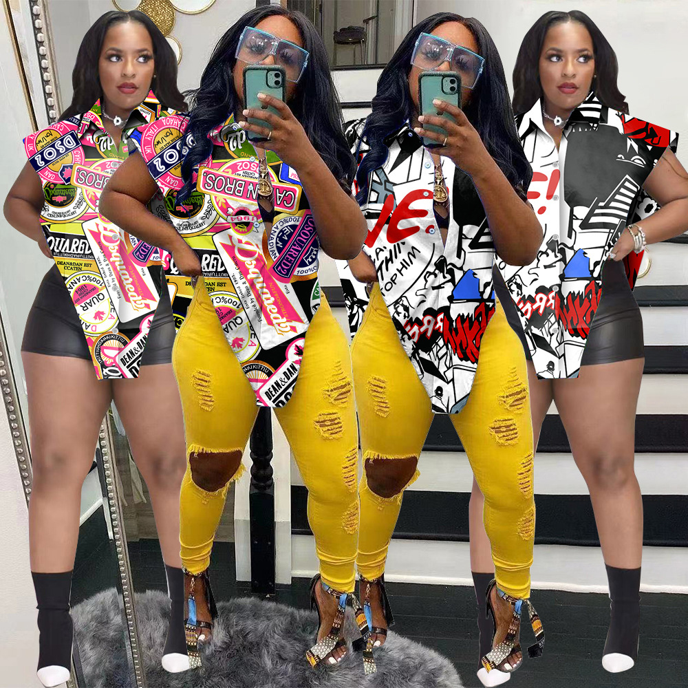 

ZJFZML ZZ Women Blouses & Shirts Blouse Plus Size Graffiti Print Turn Down Collar Single Breasted Irregular Top Dropshipping Wholesale, White