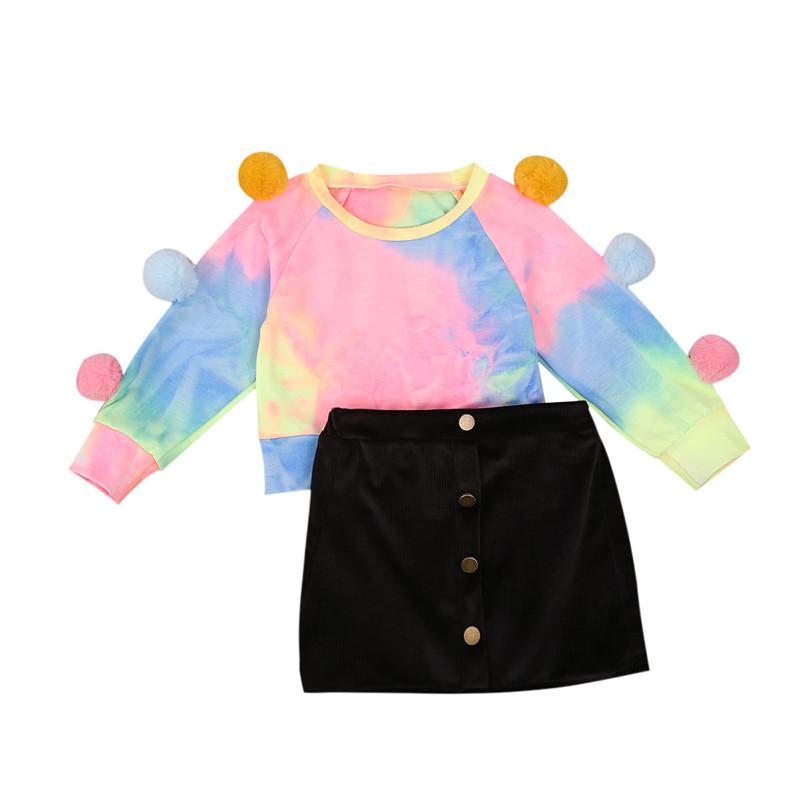 

Toddler Girl Outfits Pompom Tie Dye Print Long Sleeve Tops+A-Line Skirt Clothes Set Spring Autumn 2Pcs Outfits