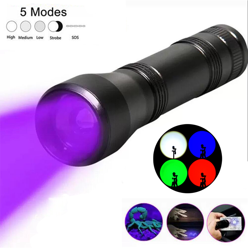 

LED Flashlight 5 Modes UV Ultraviolet Torch Lamp Red Green Blue White Lighting With Zoom Function Black Light Pet Urine Stains Detector Scorpion Hunting