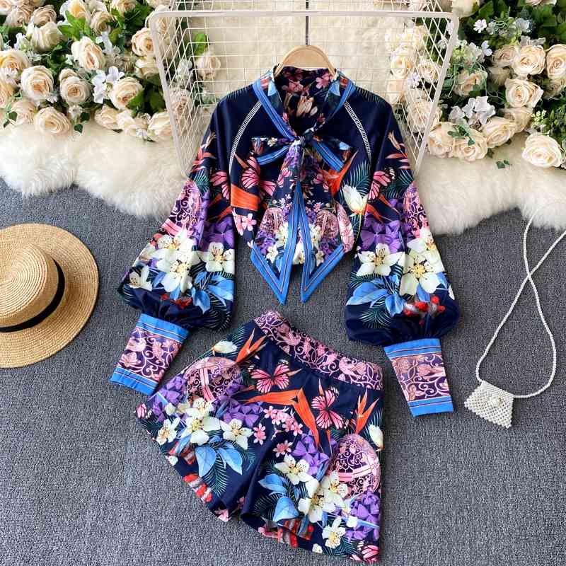 

Spot film spring collar lantern sleeve printed shorts restoring ancient ways of cultivate one's morality two-piece suit for 210603, Deep blue