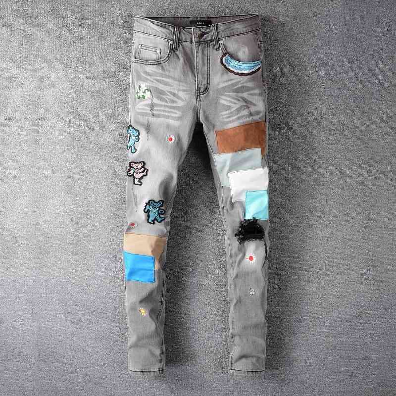 

Street Fog High Bear Embroidered Crosin Grey Hole Jeans Men's Ins Patch Slim Leggings Fashion, Blue