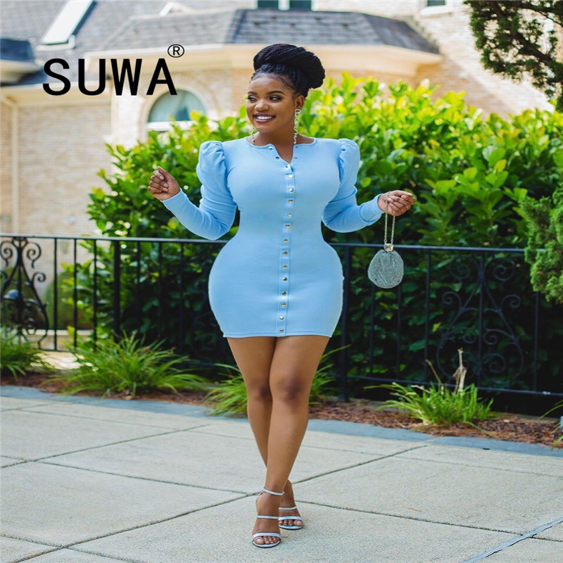 

Recommend Style Sky Blue Sexy Fashion Mini Bodycon Dresses Woman Party Night Club Long Sleeve Dress Elegant Office Ladies 210525