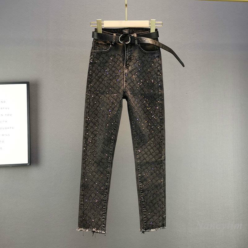 

women's jeans embroidered -drilled brim pants for woman spring and autumn high waist fine fit thin stretch cut black grey 7clr, Blue