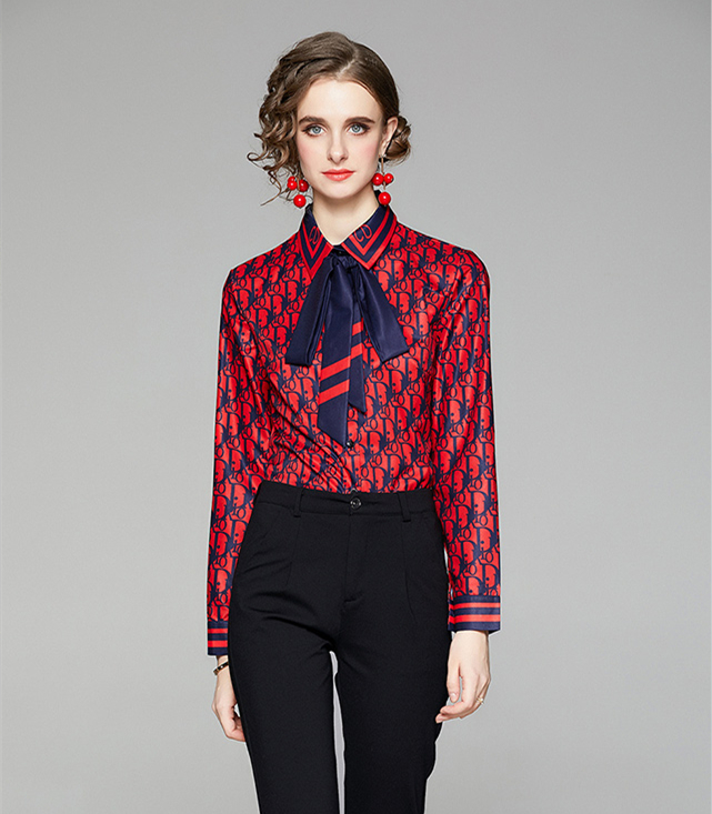 

Top Selling Women's Designer Bow Blouses Red Printed Runway Shirts Long Sleeve Spring Autumn Elegant Ladies Button Shirt Office Casual Tops, White