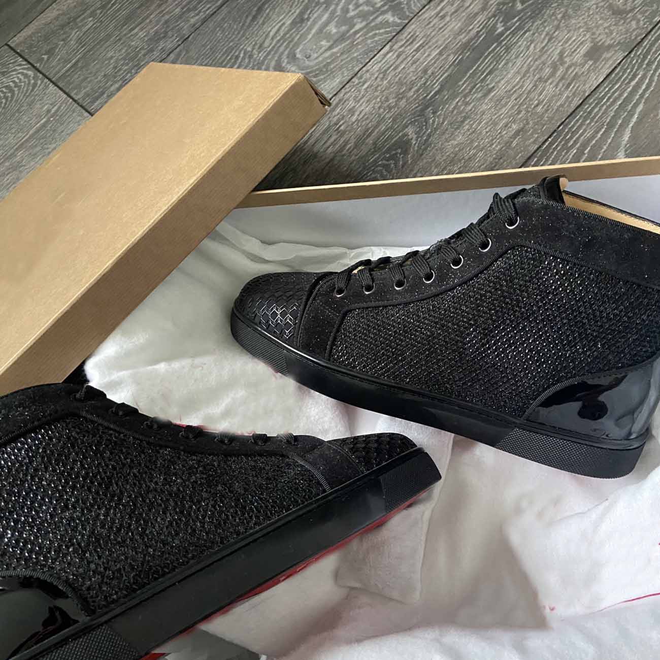 

Men black sneaker casual shoes flats Red bottom high tops lace-up,Luxury designer Orlato flat black with gloss and sparkle comfort trainers