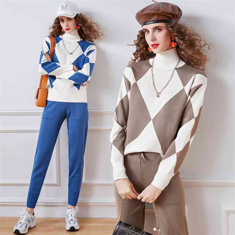 

Knitted Casual Suits Fall Winter Turtleneck Long-sleeved Geometric Jacquard Loose Wild Sweater + Trousers 2 Piece Sets 210602, Red