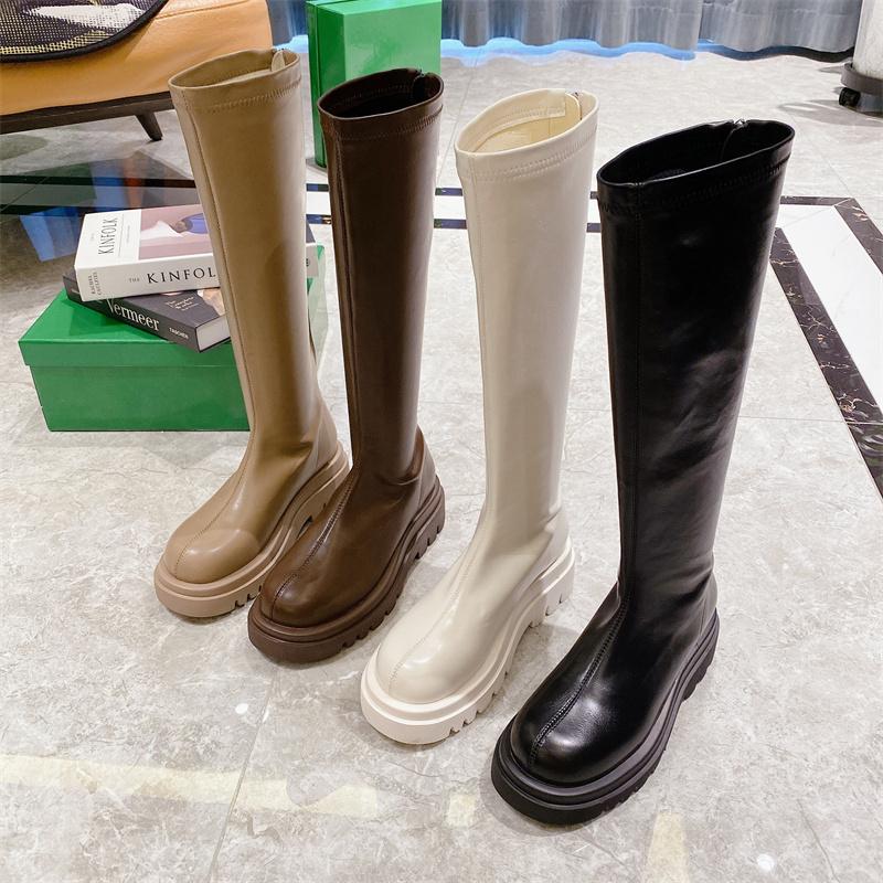 

Boots Chunky Soles High Women 2021 Autumn WinterGothic Punk Shoes Long Motorcycle Booties Platform Knee White, Khaki-5.5cm