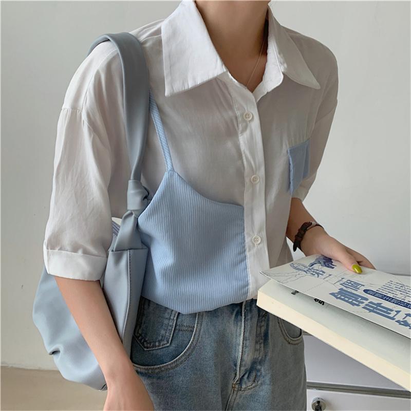 

Women' Blouses & Shirts HziriP Retro Oversize Color-Hit Patchwork OL Lady 2021 Casual Chic Plus Size Women Streetwear Prom Loose All-Match, Photo color