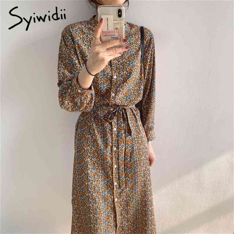 

Lantern Sleeve Midi Dresses for Women Floral High Waist Casual Straight Loose Plus Size Clothing Spring Elegant 210607, Orange