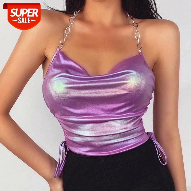 

2020 Sexy Women Wrapped Vest Neck-Hanging Slimming Sleeveless Pleated Drawstrings Hollow Chain Hlater Backless Party Ladies Tank #r43I, White