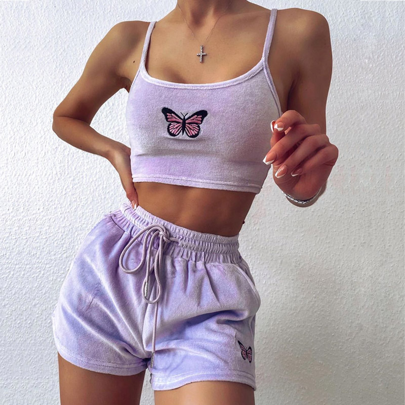

Tracksuits Yellow Velvet Crop Top and Shorts Women 2 Pieces Set Summer Embroidery Cami Drawstring Shorts Female Loungewear Suit, Pink