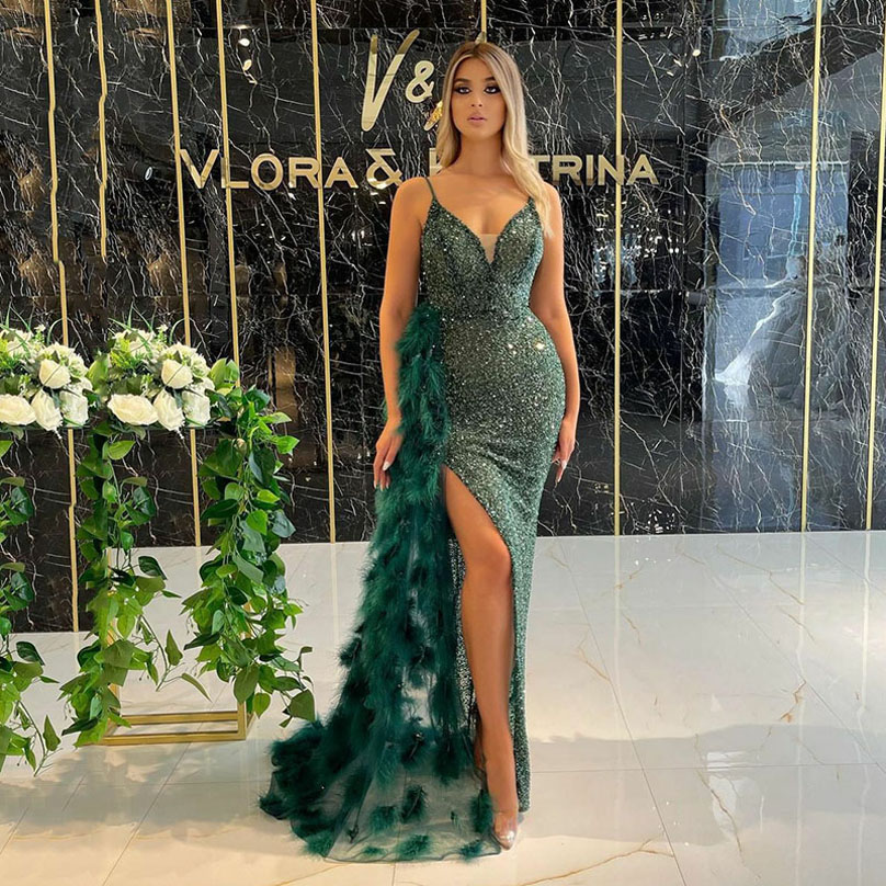 

Green Spaghetti Sequined Mermaid Evening Dresses with Feathers Detachable Train High Split Formal Prom Dress, Hunter green
