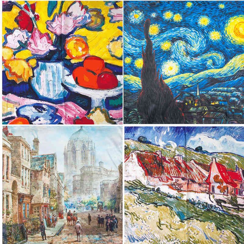 

53X53CM Van Gogh Small Oil Painting Series Square 100% Silk For Women Hangzhou Natural Female Kerchief Vintage Scarf