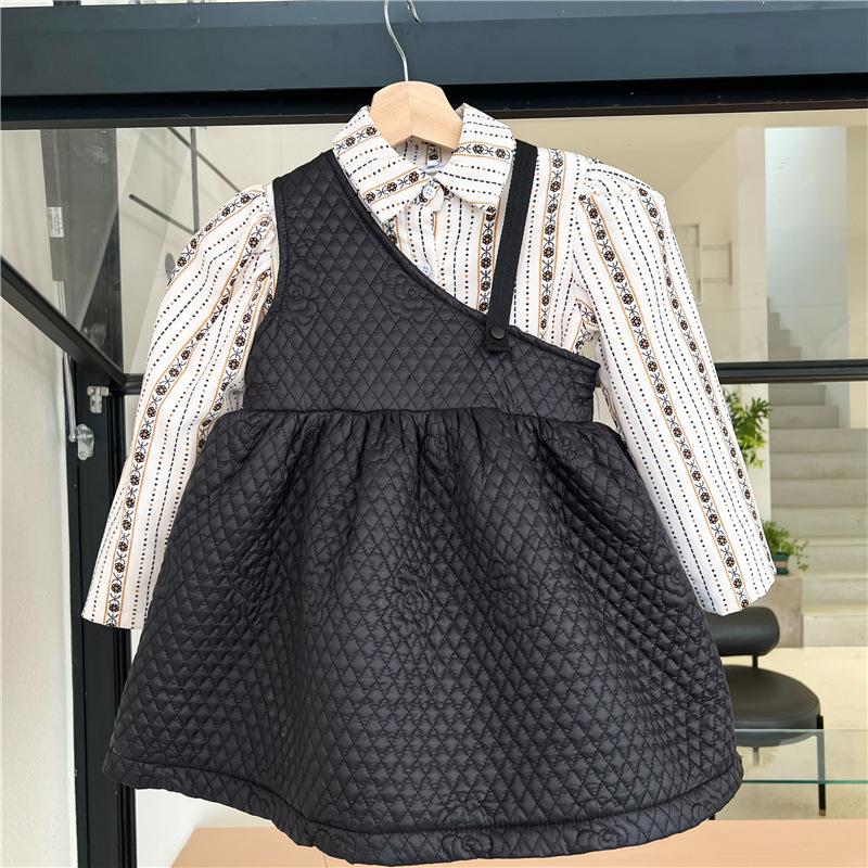 

Clothing Sets 2-8 Years Autumn And Winter Cute Girls Thick Striped Flower Print Dress Two-piece Suit Fashion Clothes, White