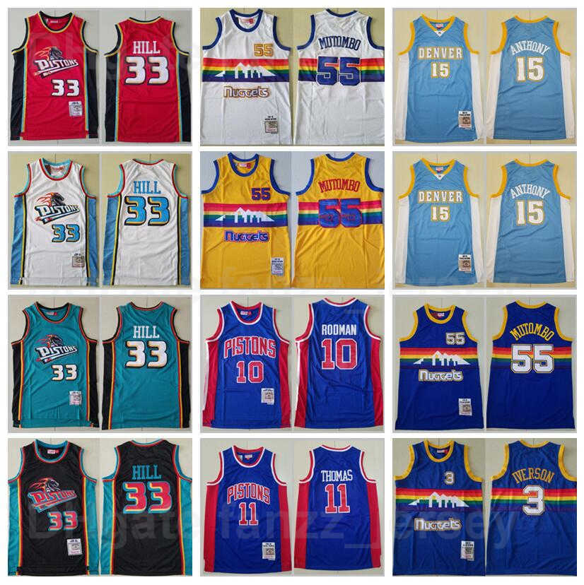 

Vintage Mitchell and Ness Basketball Grant Hill Jersey 33 Allen Iverson 3 Isiah Thomas 11 Dennis Rodman 10 Dikembe Mutombo 55 Carmelo Anthony 15 Retro Blue White Red, 10 blue