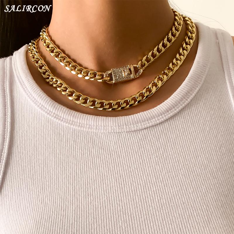 

Chains Punk Gold Color Chunky Link Chain Necklace Vintage Aesthetic Crystal Toggle Clasp Choker Kpop Couple Jewelry Gift 2021
