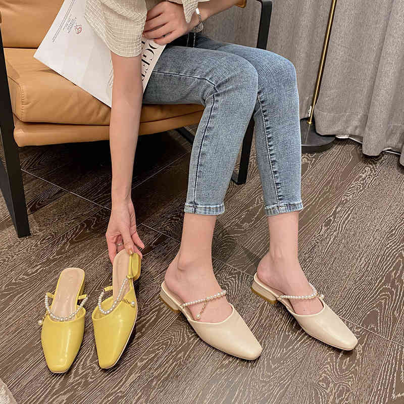 Summer fashion square head Sandals thick heel Baotou half slippers women's Pearl middle lazy Muller shoes AH5Z, 1# shoe box
