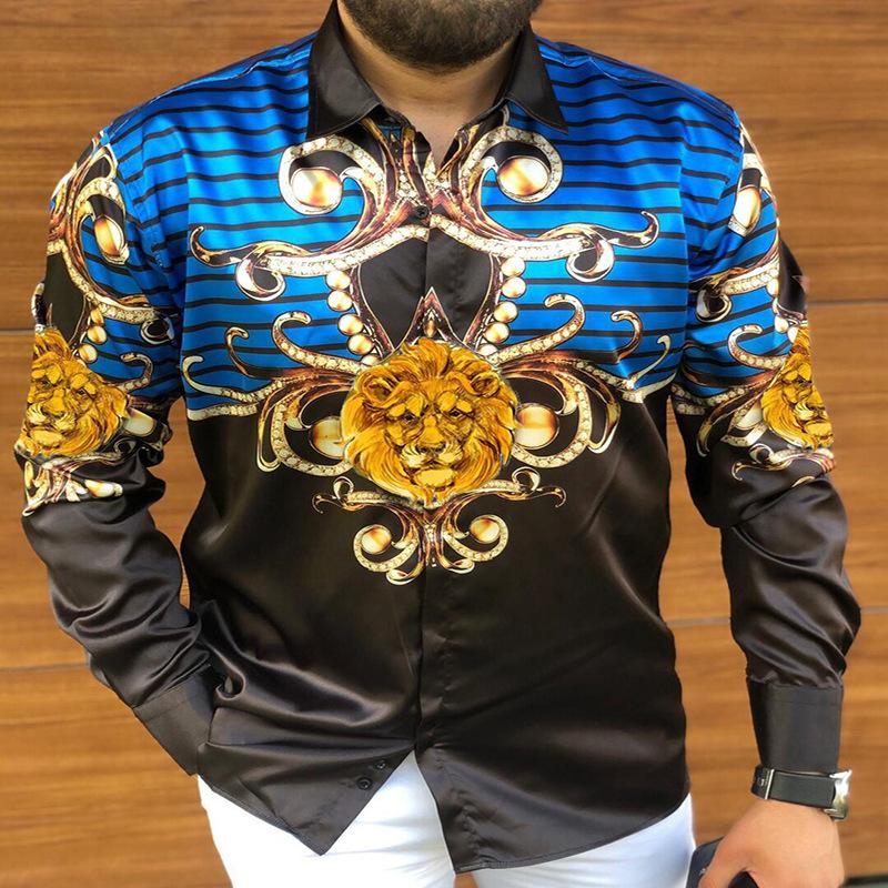 

Fall men's long sleeve camicetta cardigan blouses Slim fit shirt lion pattern Vintage button up Vestito blouse, As picture