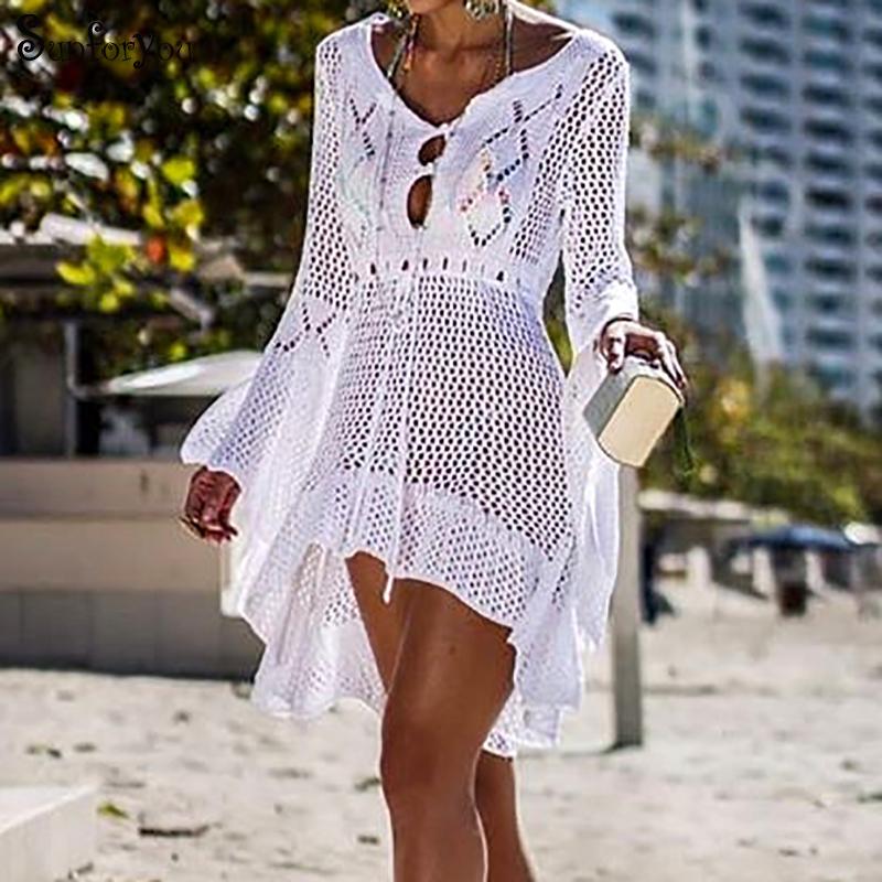 

Casual Dresses 2021 Knitted White Beach Dress Robe Plage Boho Women Kaftan Crochet